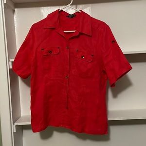 Saint Tropez West Linen Short Sleeve Blouse, Button Front, Dual Front Pocket